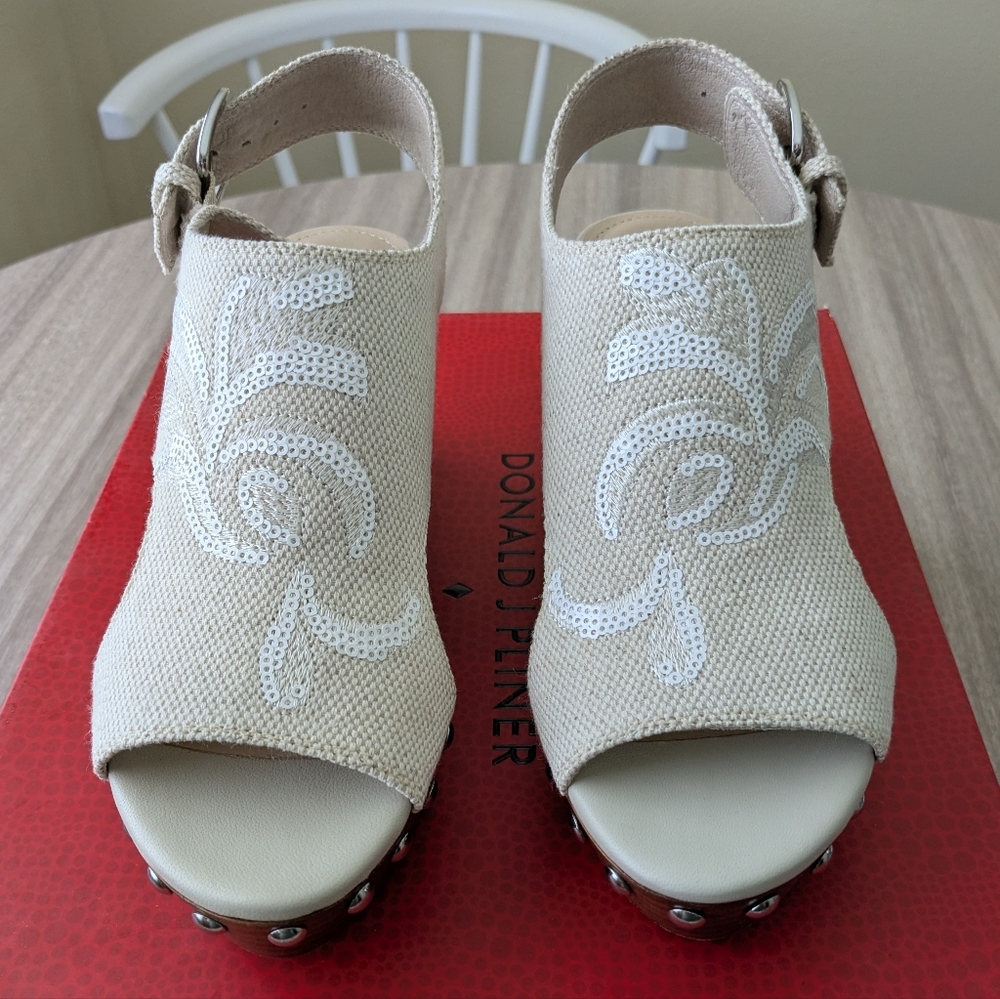 Donald J. Pliner Beige Sequin Embroidered Wedges